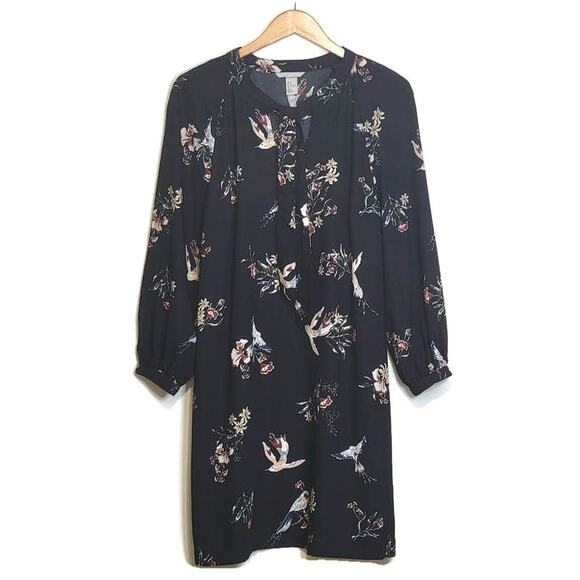 H&M Floral Bird Print V Neck Tie Neck Long Sleeve Black Shift Dress Size 12 - Picture 14 of 14
